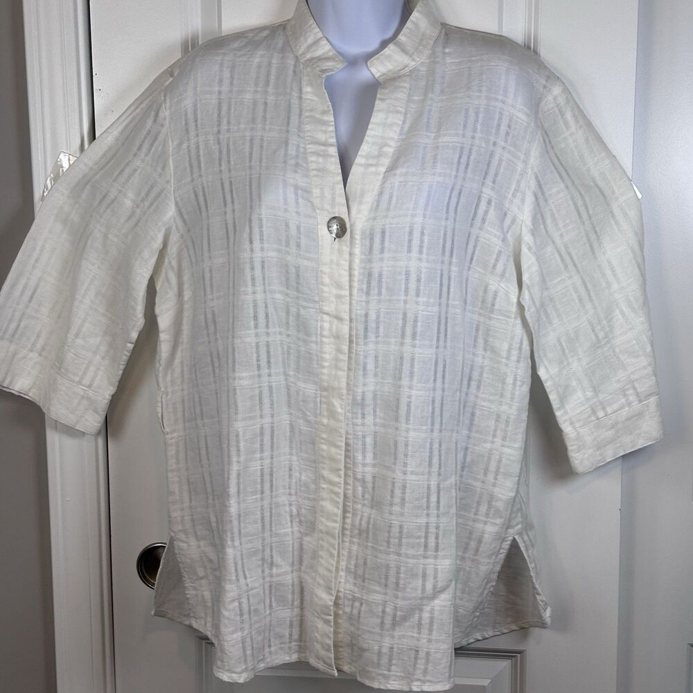 Harve Benard  White Linen Cotton White Textured Plaid Band Collar Blouse Women L